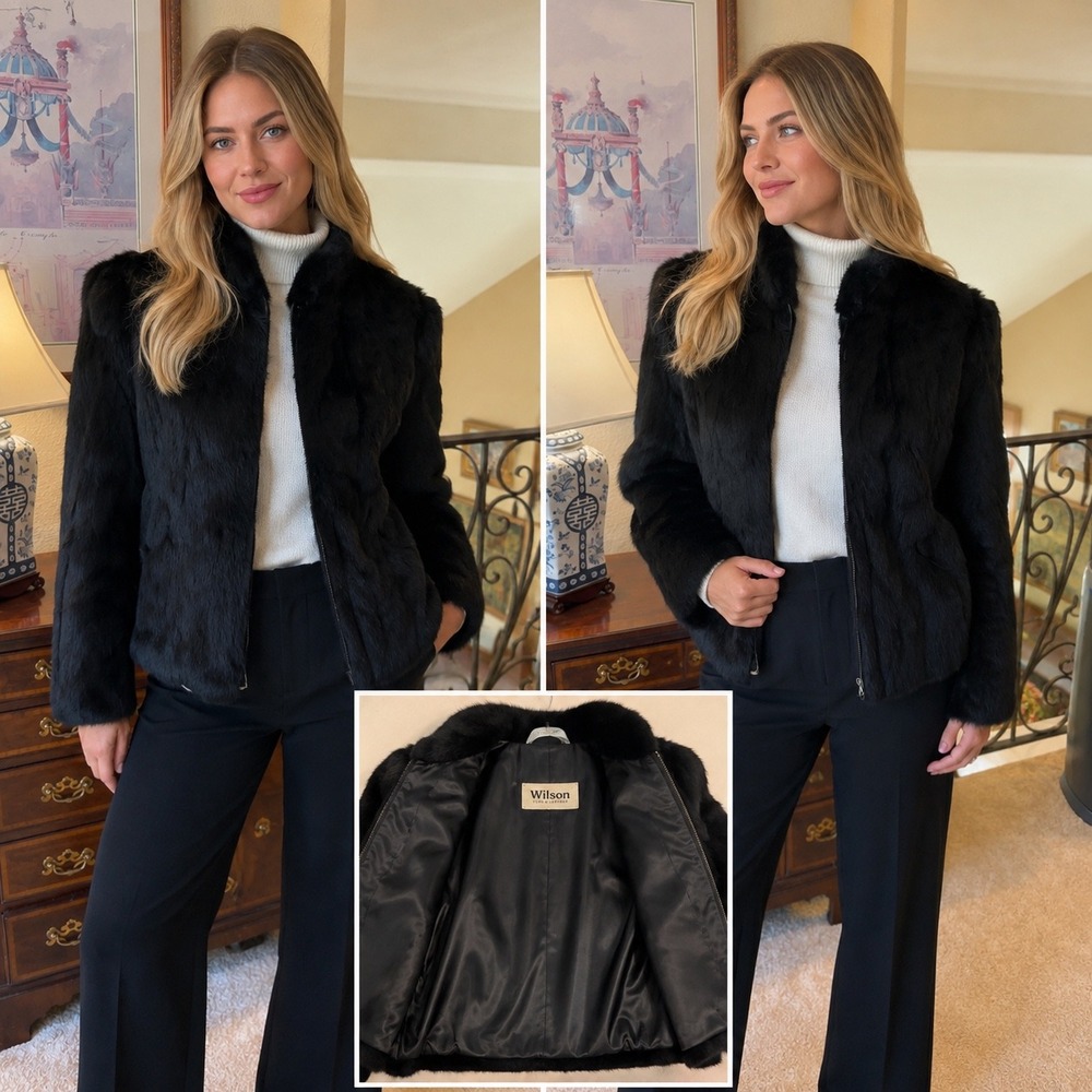 Vintage Wilson Black Dyed Rabbit Fur Jacket Cropped Stand Collar Medium - Picture 2 of 6